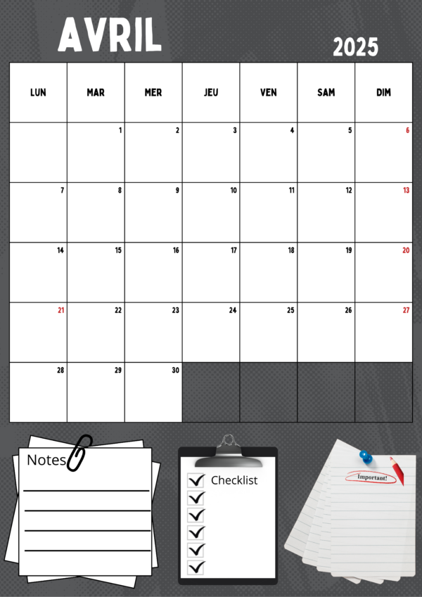 page de calendrier